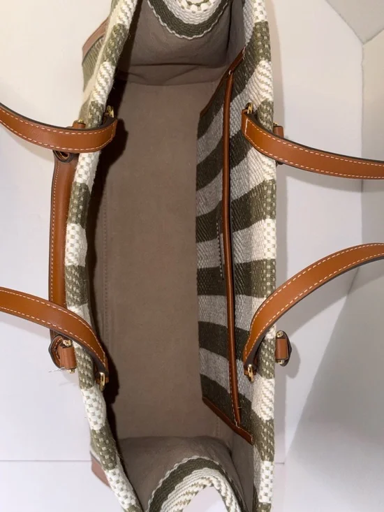 Tory Burch Blake Grove Green & White Striped Canvas Tote Cognac Leather Trim - Picture 7 of 14